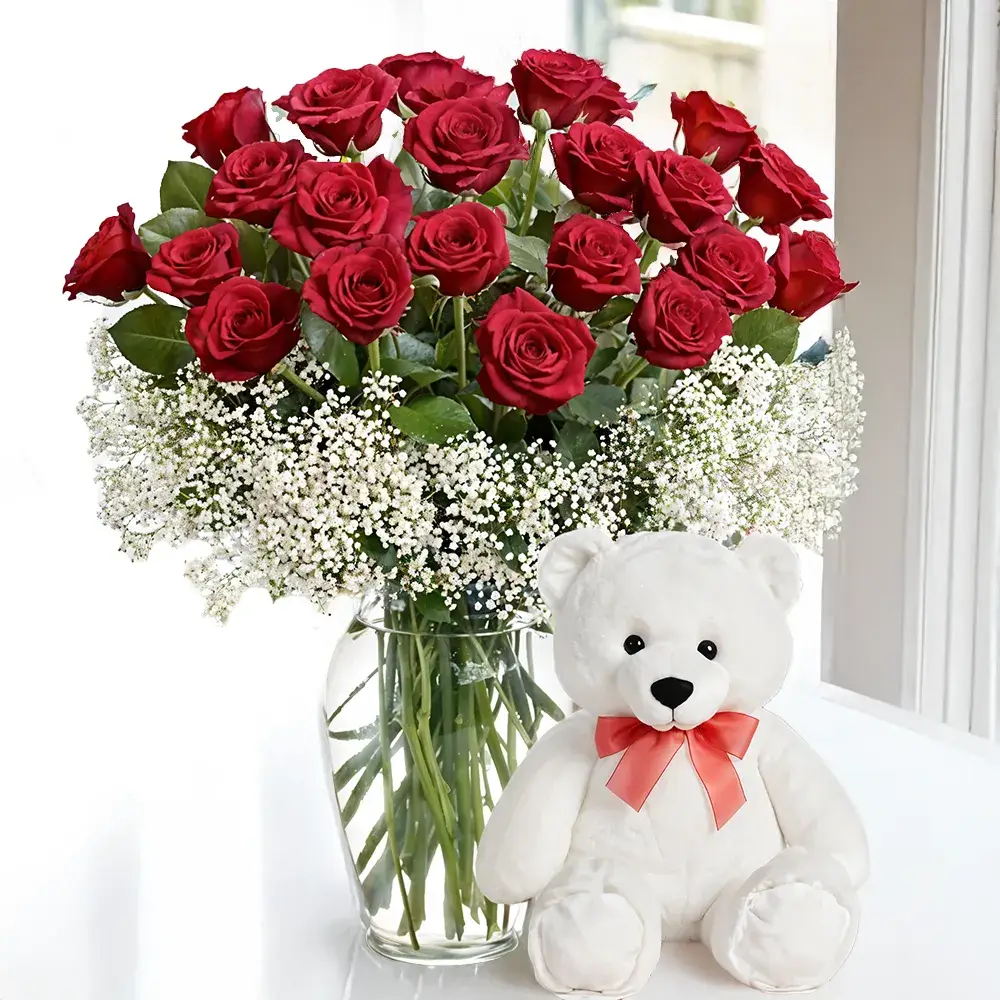 Red Roses in a Vase & Teddy