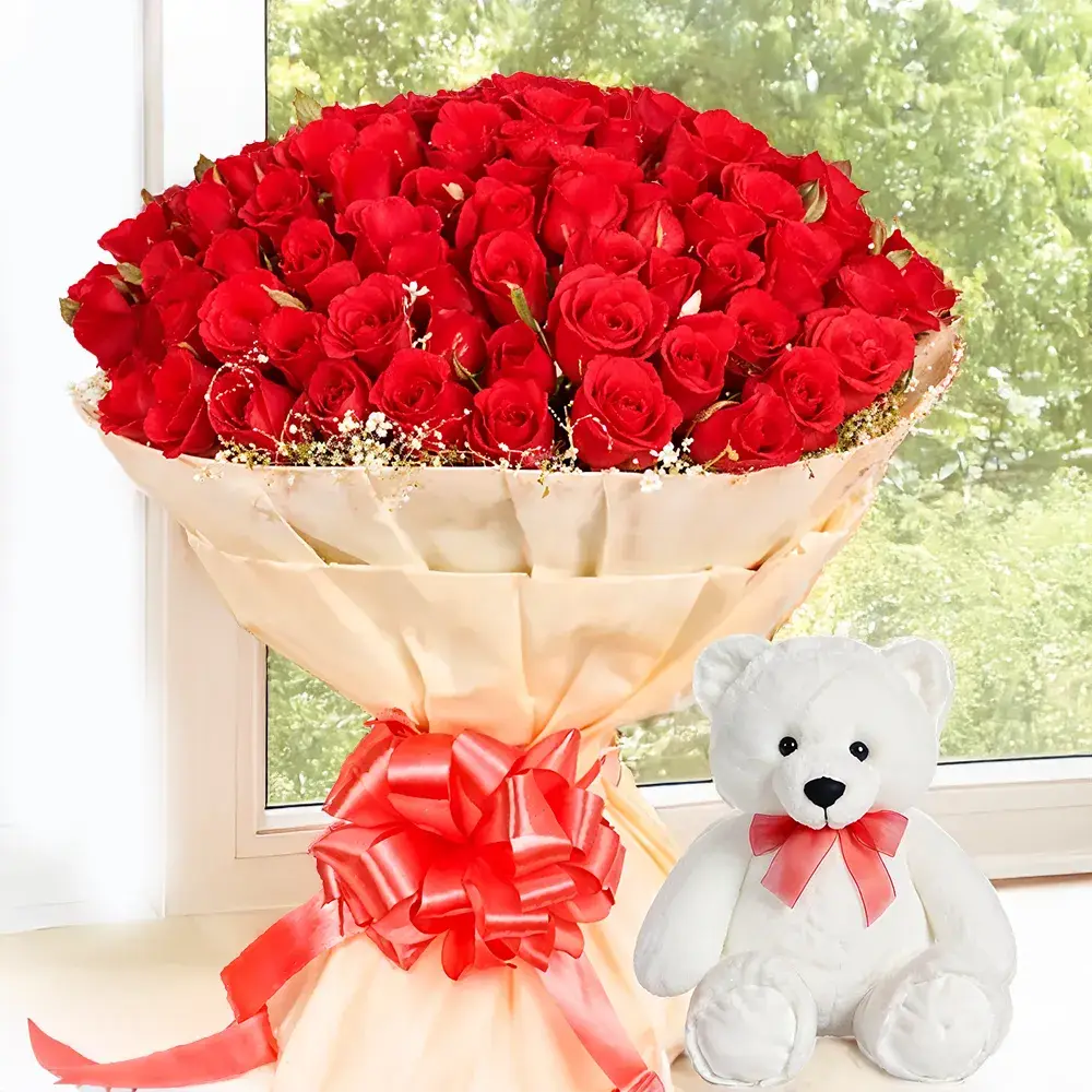 Red Roses Bouquet With Teddy