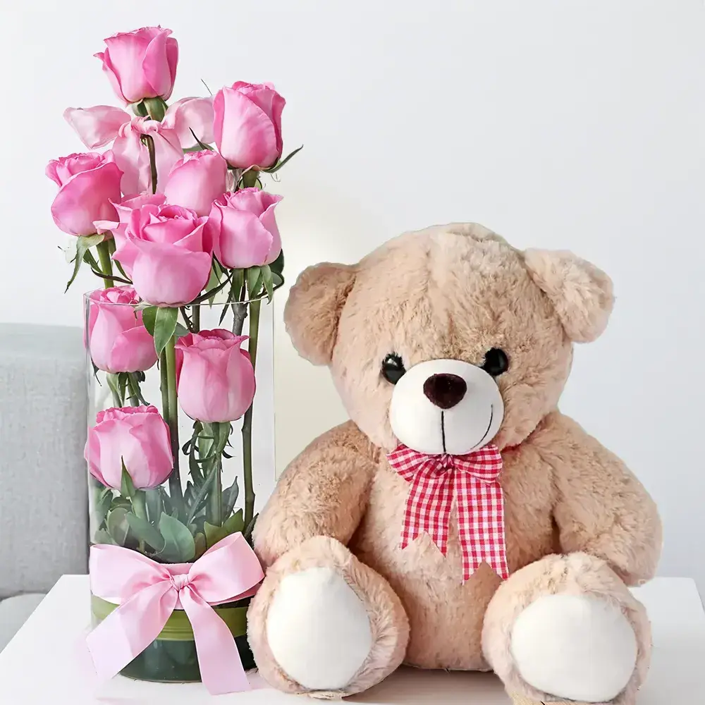 Charming Pink Roses Vase with Teddy