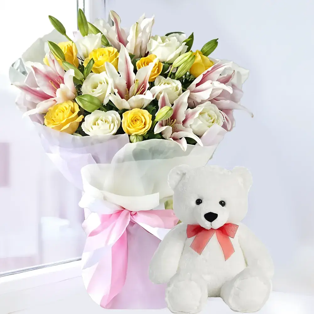 Lilies & Roses Bouquet with Teddy