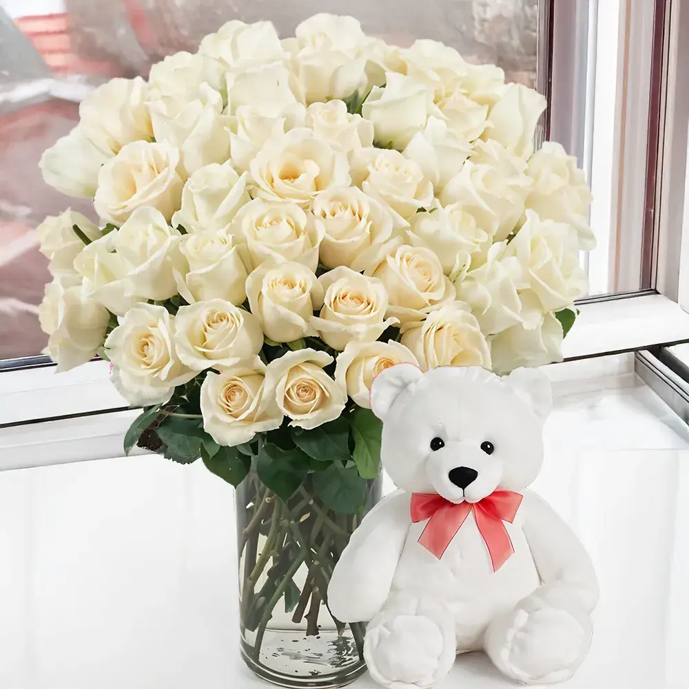White Roses in a Vase & Teddy