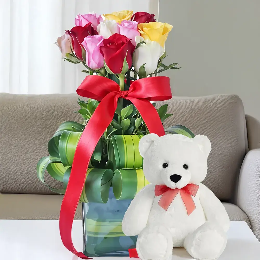Mixed Roses in a Vase & Teddy