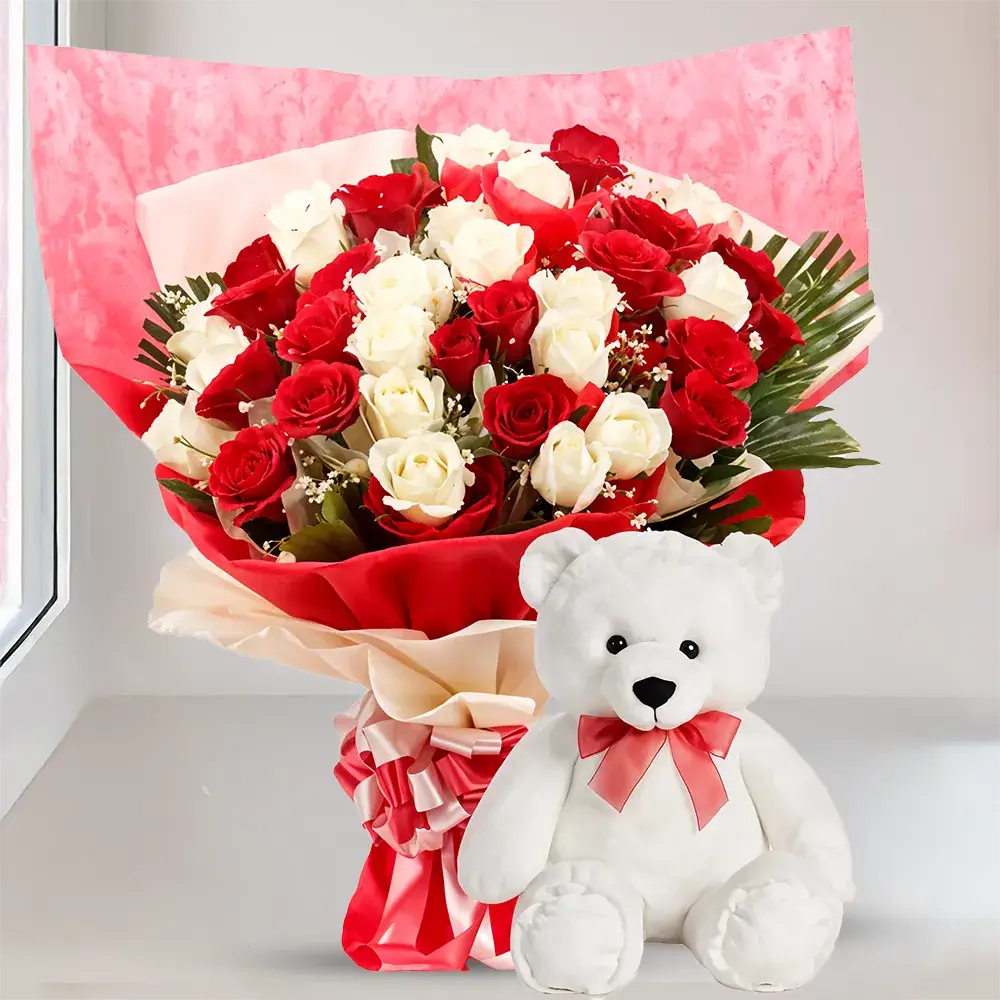 Bouquet of Red & White Roses & Teddy
