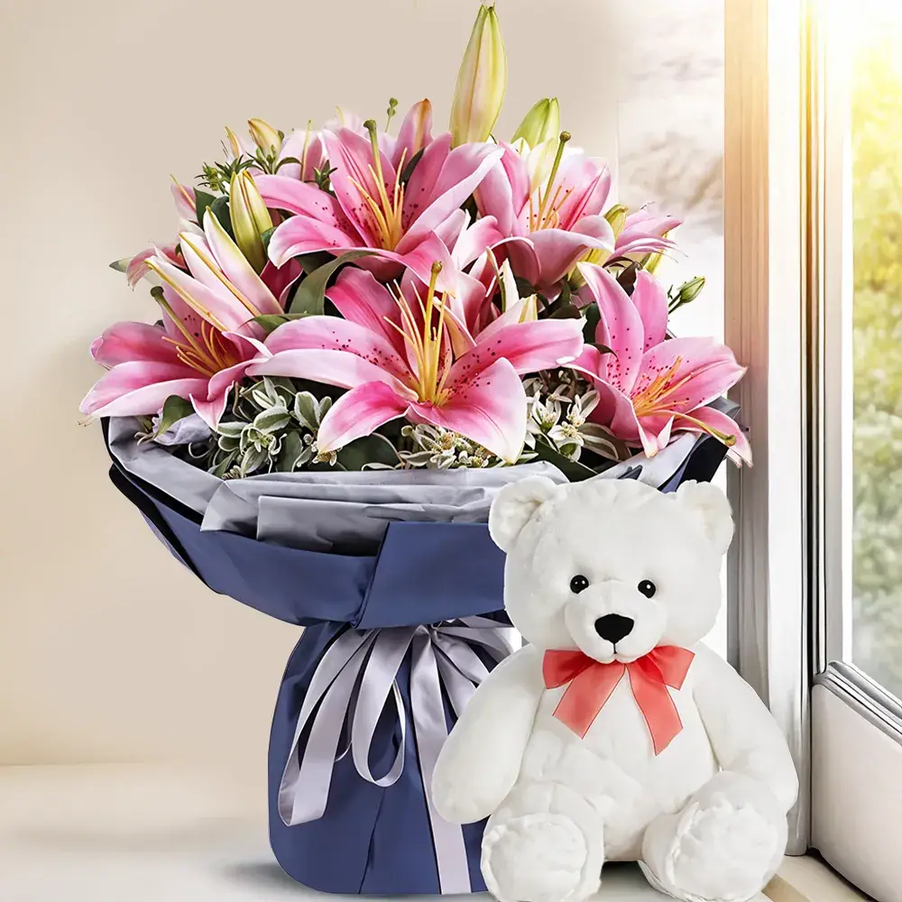 Pink Lilies Bouquet With Teddy