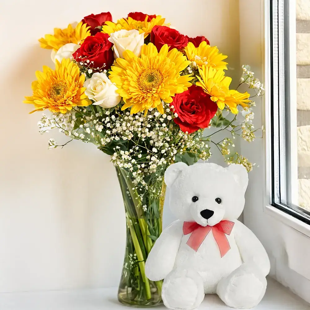 Gerberas & Roses in a Vase with Teddy