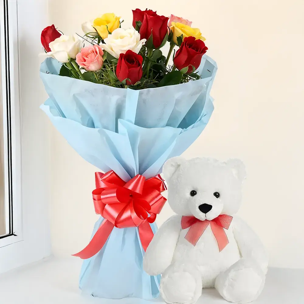 Mixed Roses Bouquet With Small Teddy