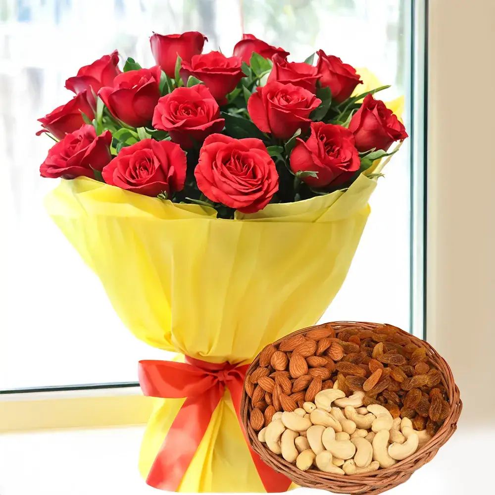 Red Roses Bouquet & Mixed Dry Fruits
