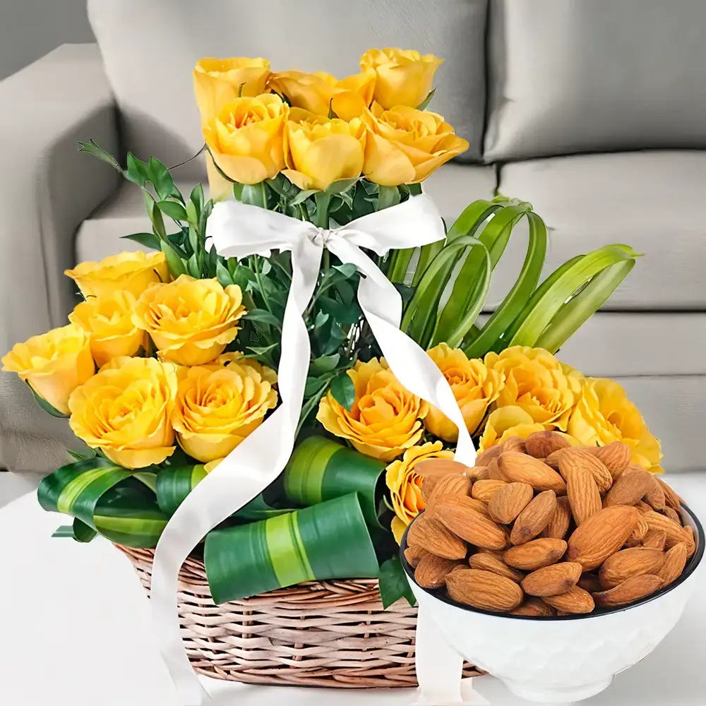 Yellow Roses in a Basket with Almonds