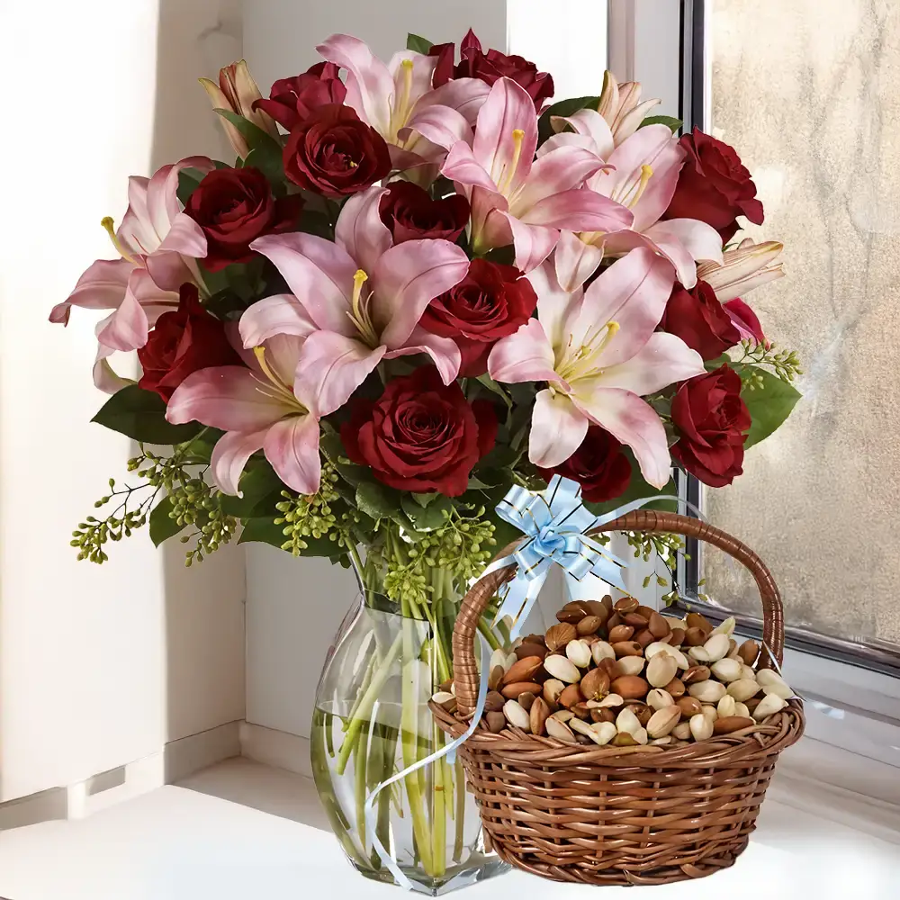 Bouquet of Roses & Lilies with Mixed Dry Fruits