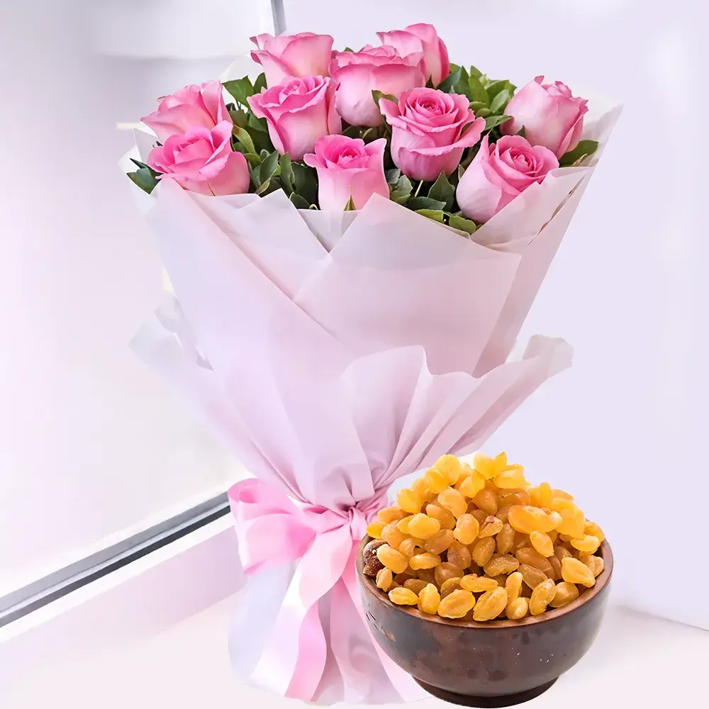 Pink Roses Bouquet & 1/2 kg Raisins