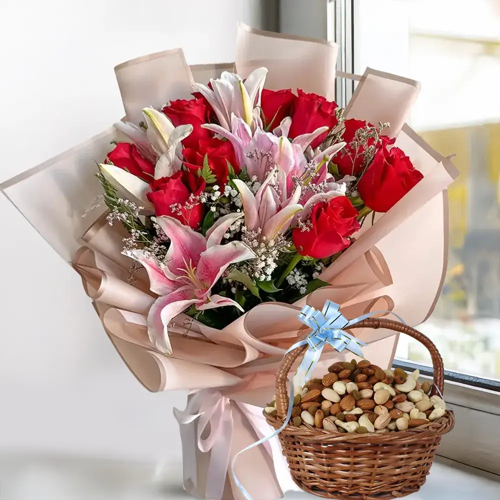 Bouquet of Lilies & Roses & Dry Fruits