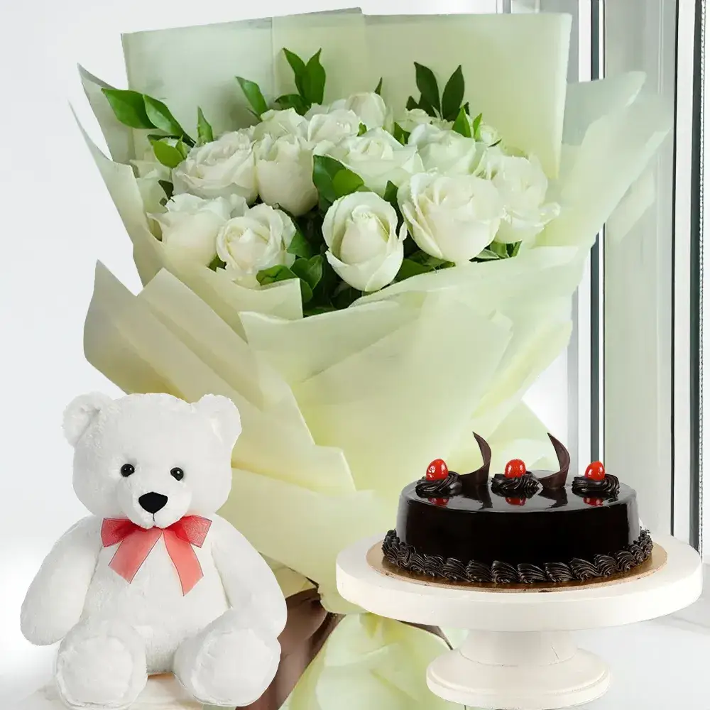 Teddy, Cake & White Roses Delight