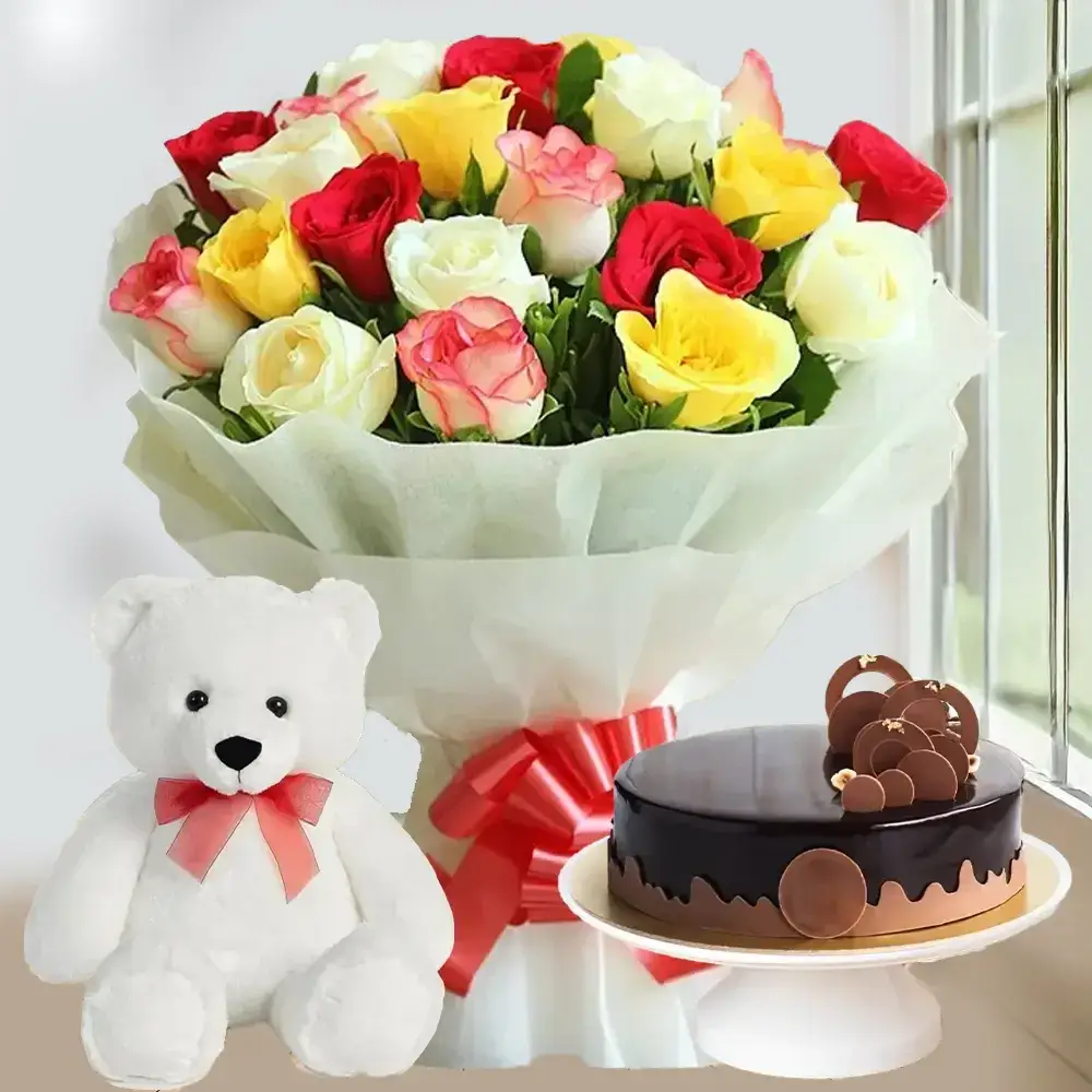 Charming Roses, Cake, and Teddy Bear Delight