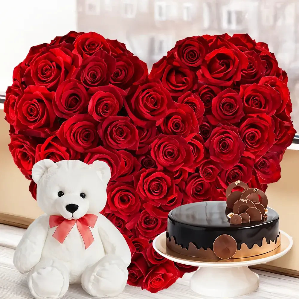 Heart Shaped Arrangement of Roses, Cake & Teddy