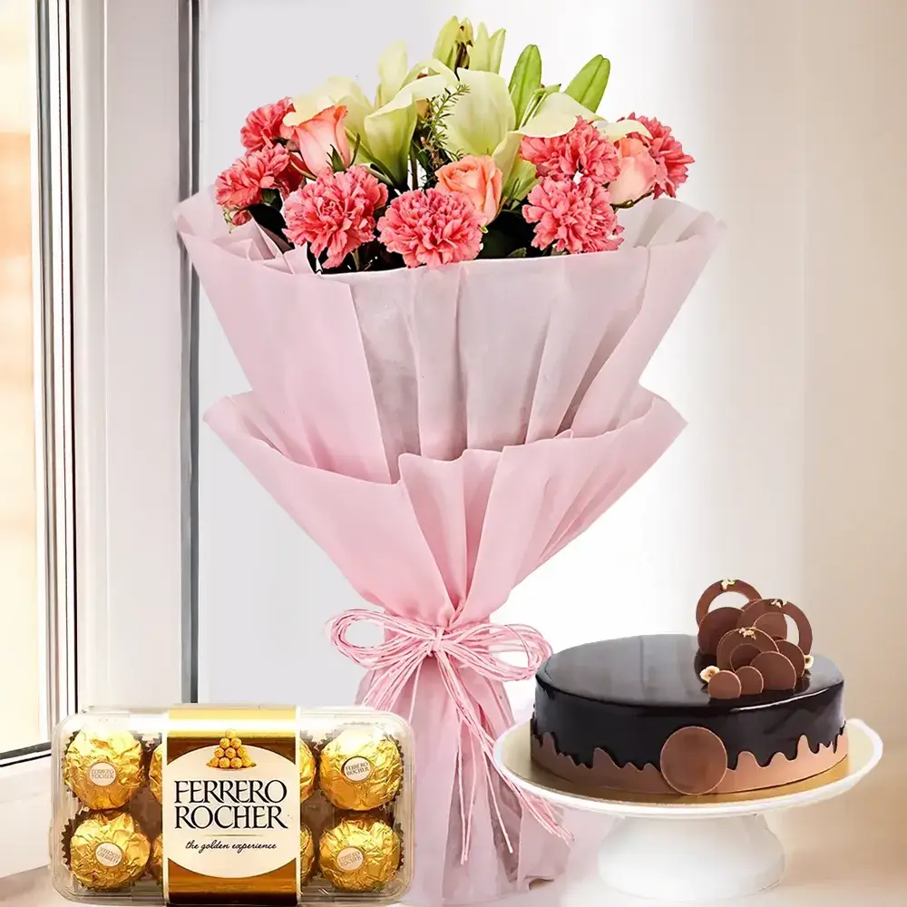 Bouquet of Lilies, Carnation, Roses, Cake & Chocolate