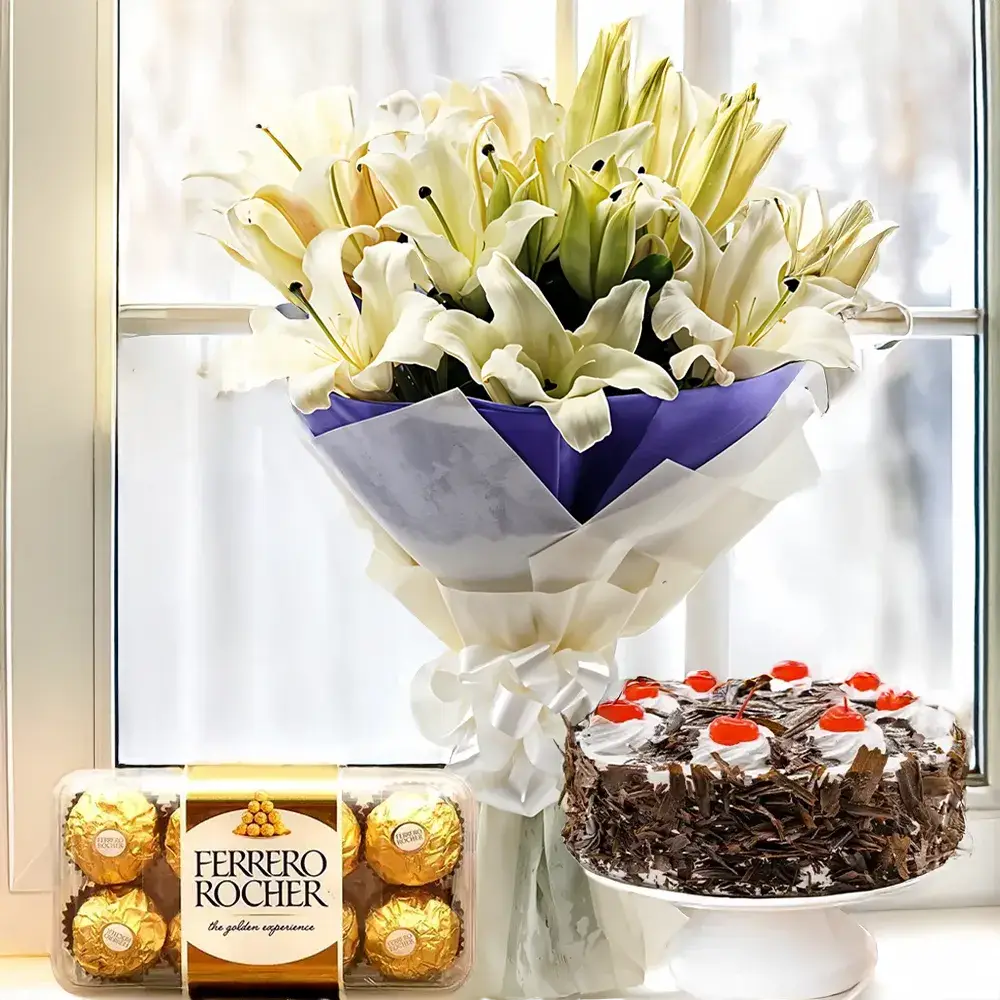 Bouquet of White Lilies, Cake & Chocolate