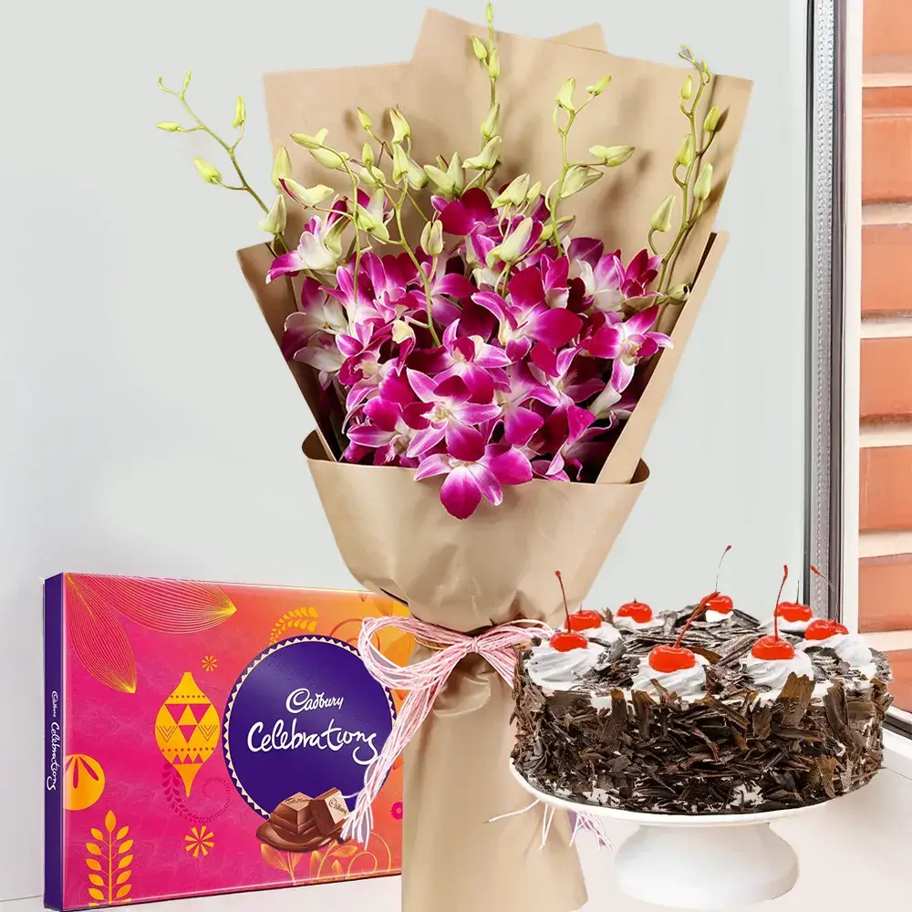 Bouquet of Orchids, Cake & Chocolate