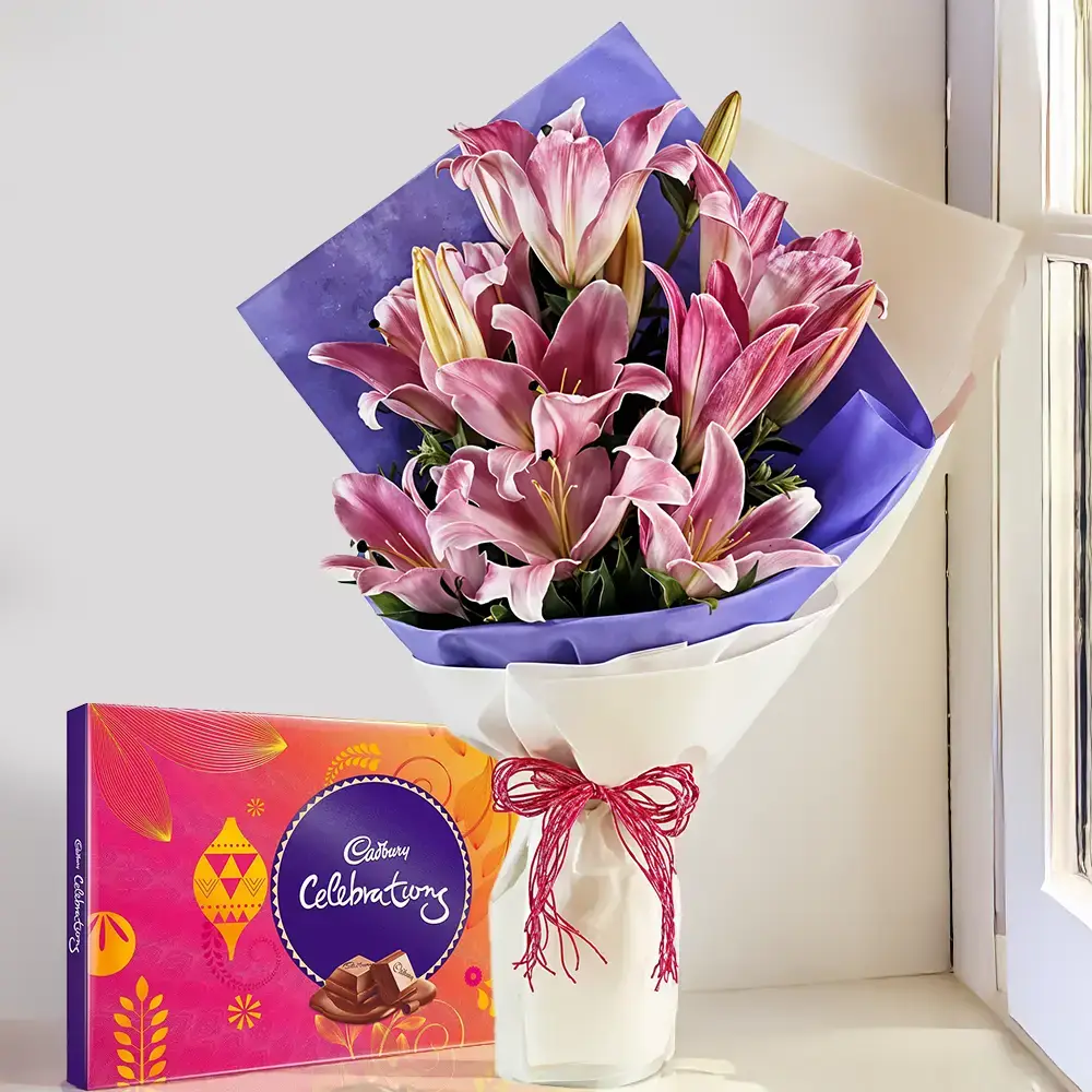 Pink Lilies Bouquet & Chocolates