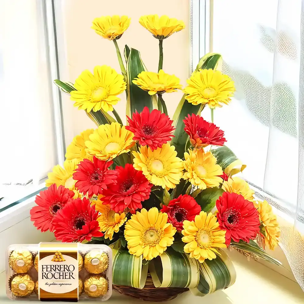 Yellow & Red Gerberas in a Basket & Chocolates