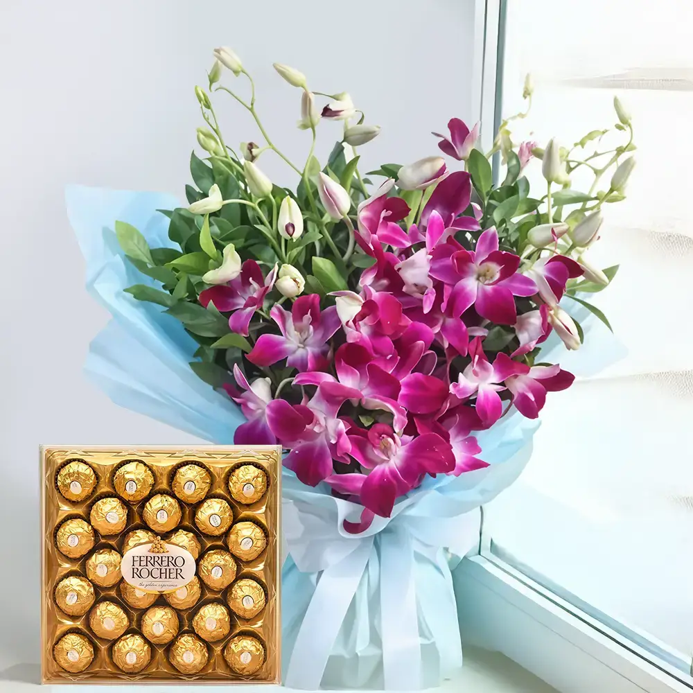 Bouquet of Purple Orchids & Chocolates