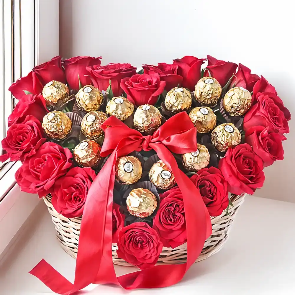 Heart Shaped Arrangement of Roses & Chocolates