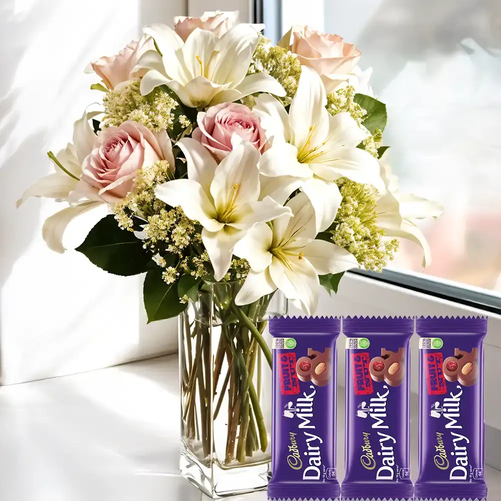 Lilies & Roses Bouquet With Chocolate
