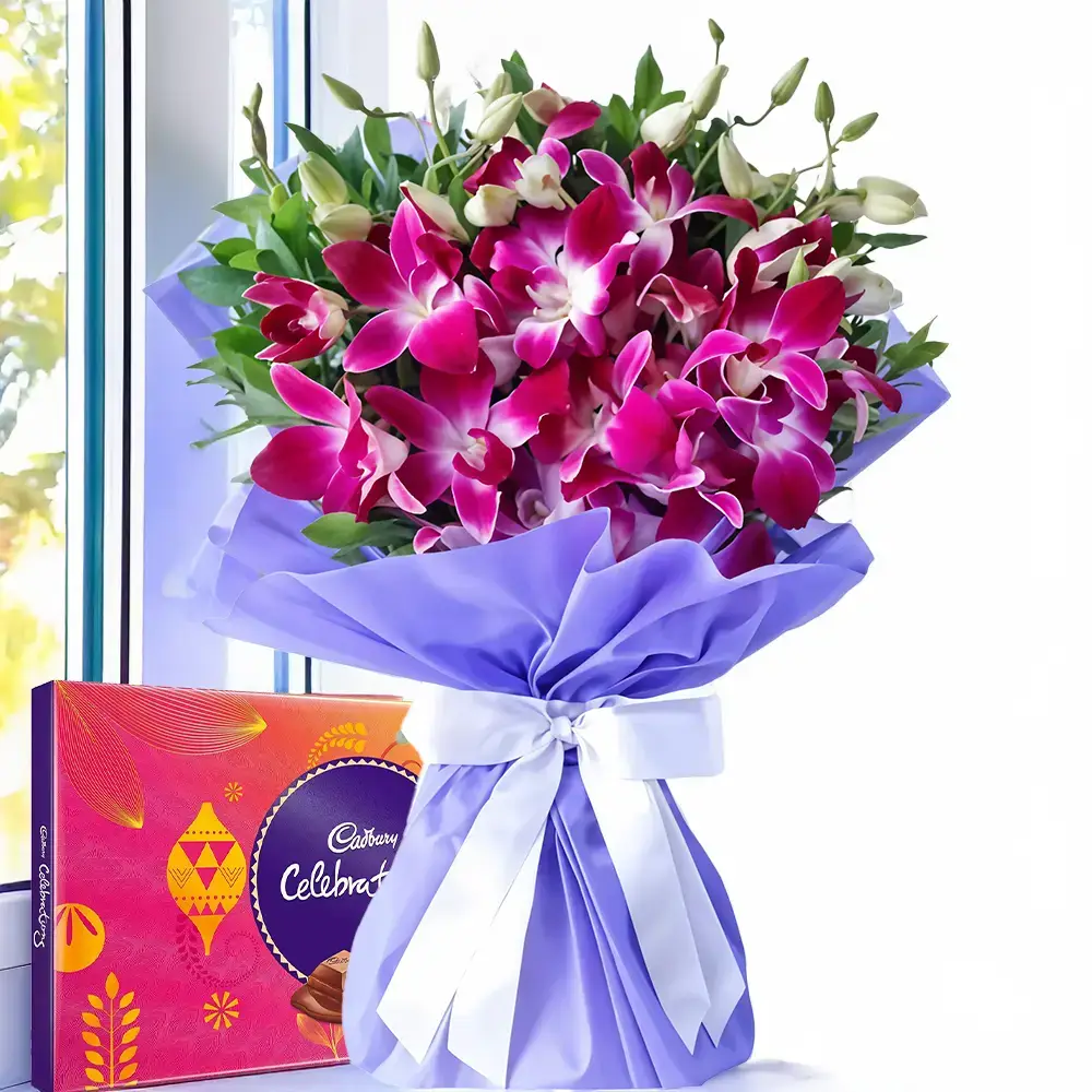 Purple Orchids Bouquet & Chocolate