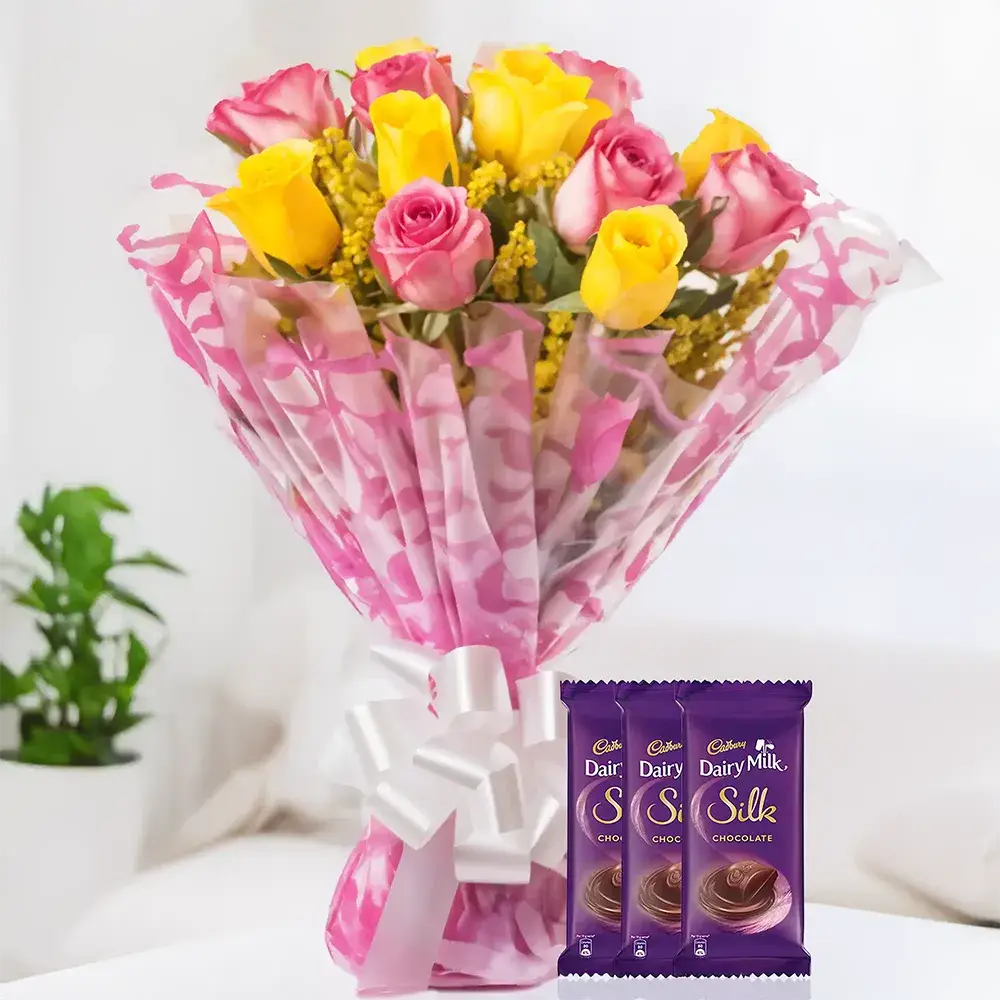 Pink & Yellow Roses Bouquet with Chocolates