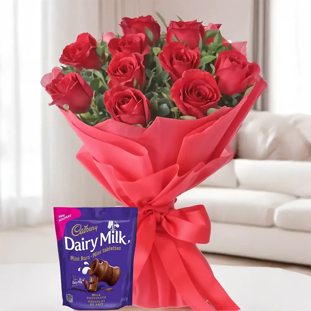 Red Roses Bouquet and Chocolates