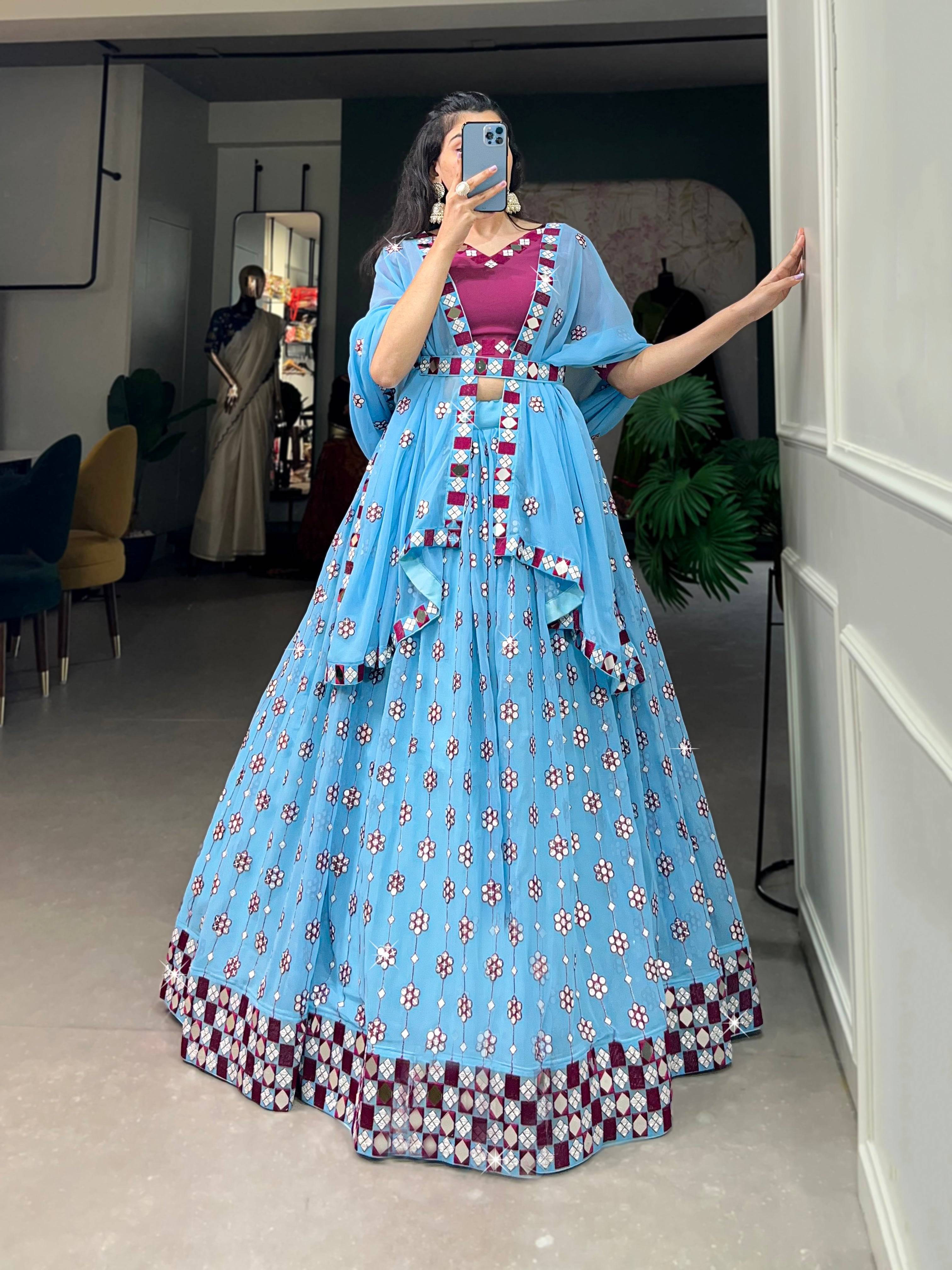 Sky Blue Lehenga Choli for Women with Wine Blouse | Designer Mirror Work Lehenga for Festive & Wedding Wear