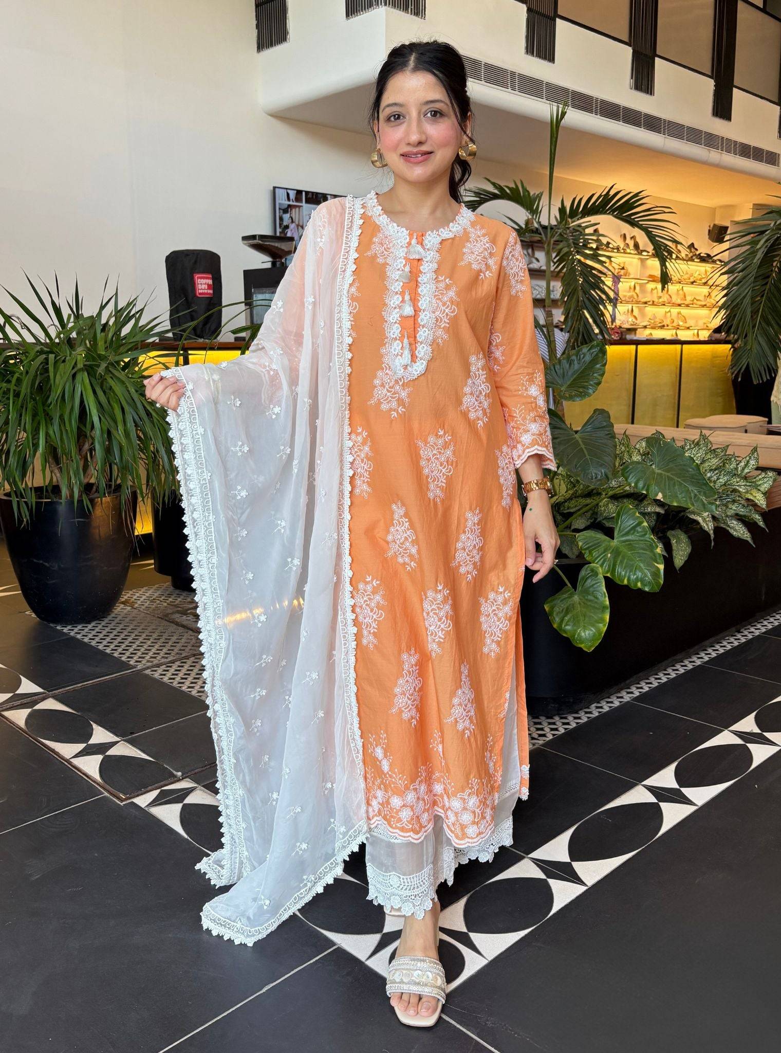 Perla Cotton Orange Kurta with Floral Lace Flared White Pant Set