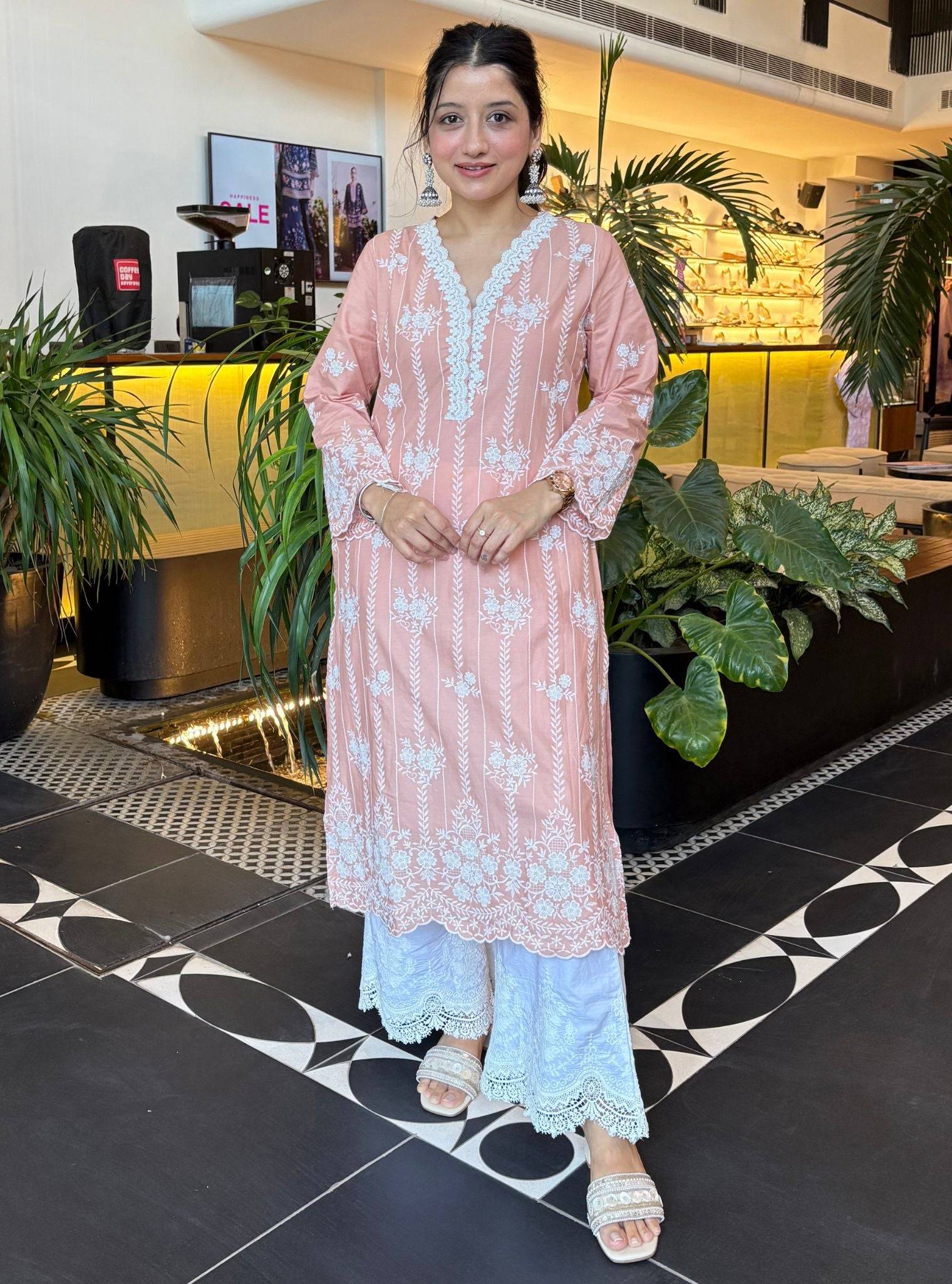 Dhansiri Cotton Beige Kurta with Embroidered Bellbottom White Pyjama Set