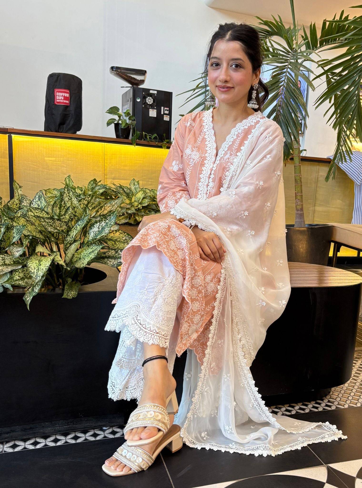 Dhansiri Cotton Beige Kurta with Embroidered Bellbottom White Pyjama Set