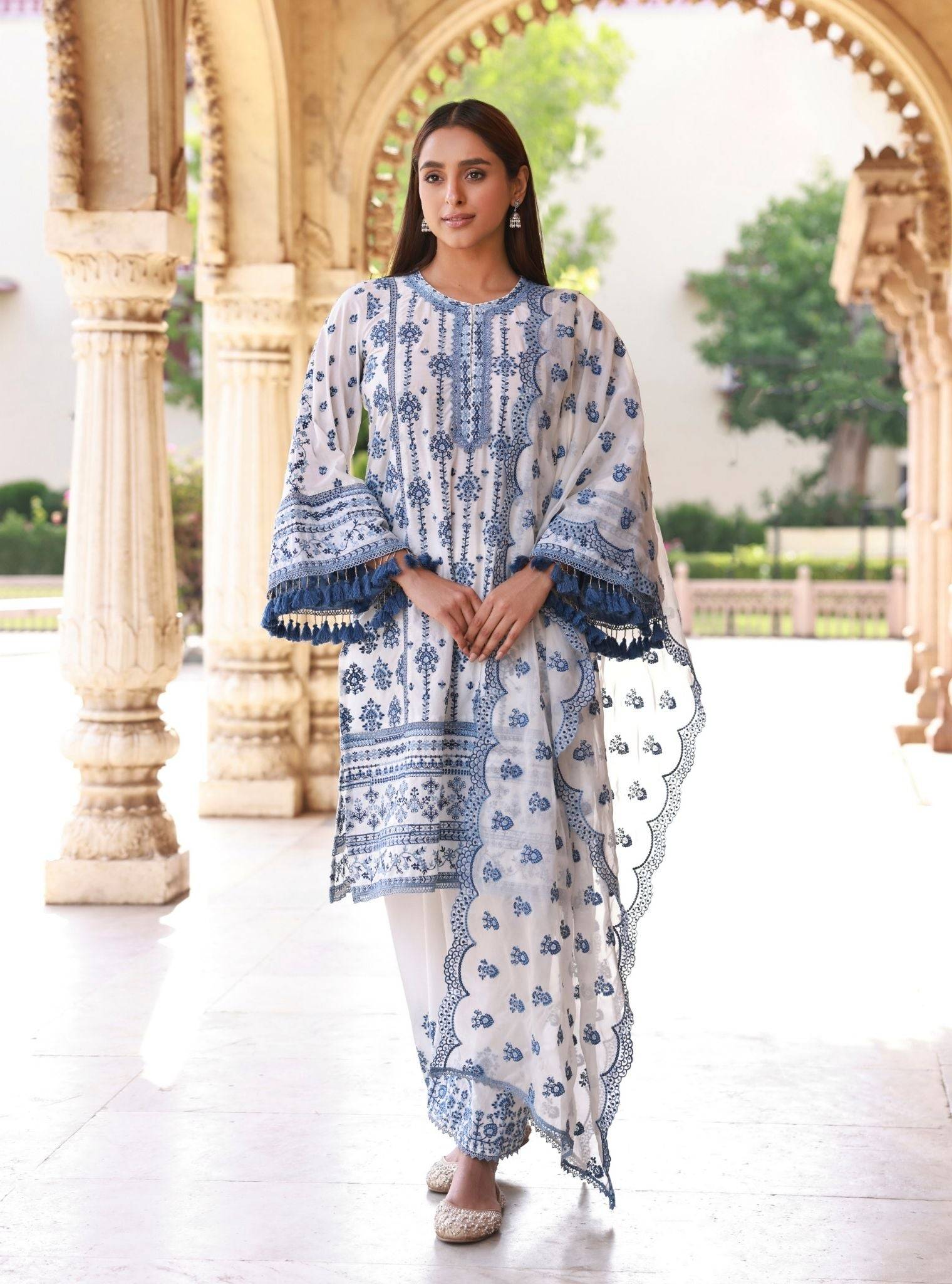 Lomeya Supima Cotton White & Blue Kurta Set