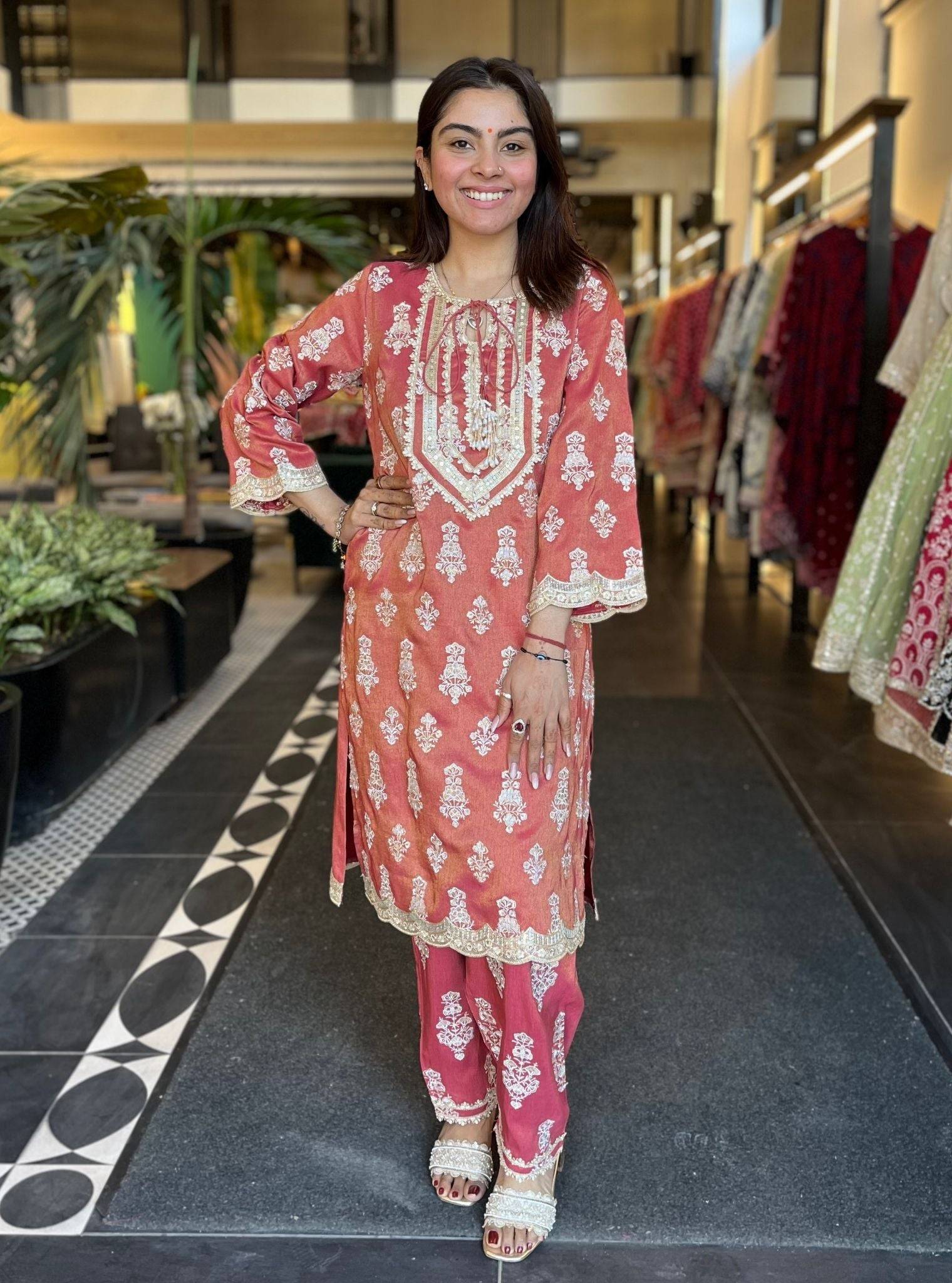 Intira Tissue Linen Satin Red Kurta Set