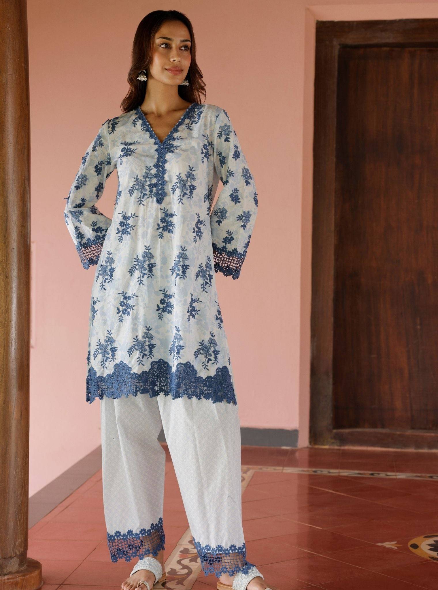 Yamya Supima Cotton Print Blue Kurta Set