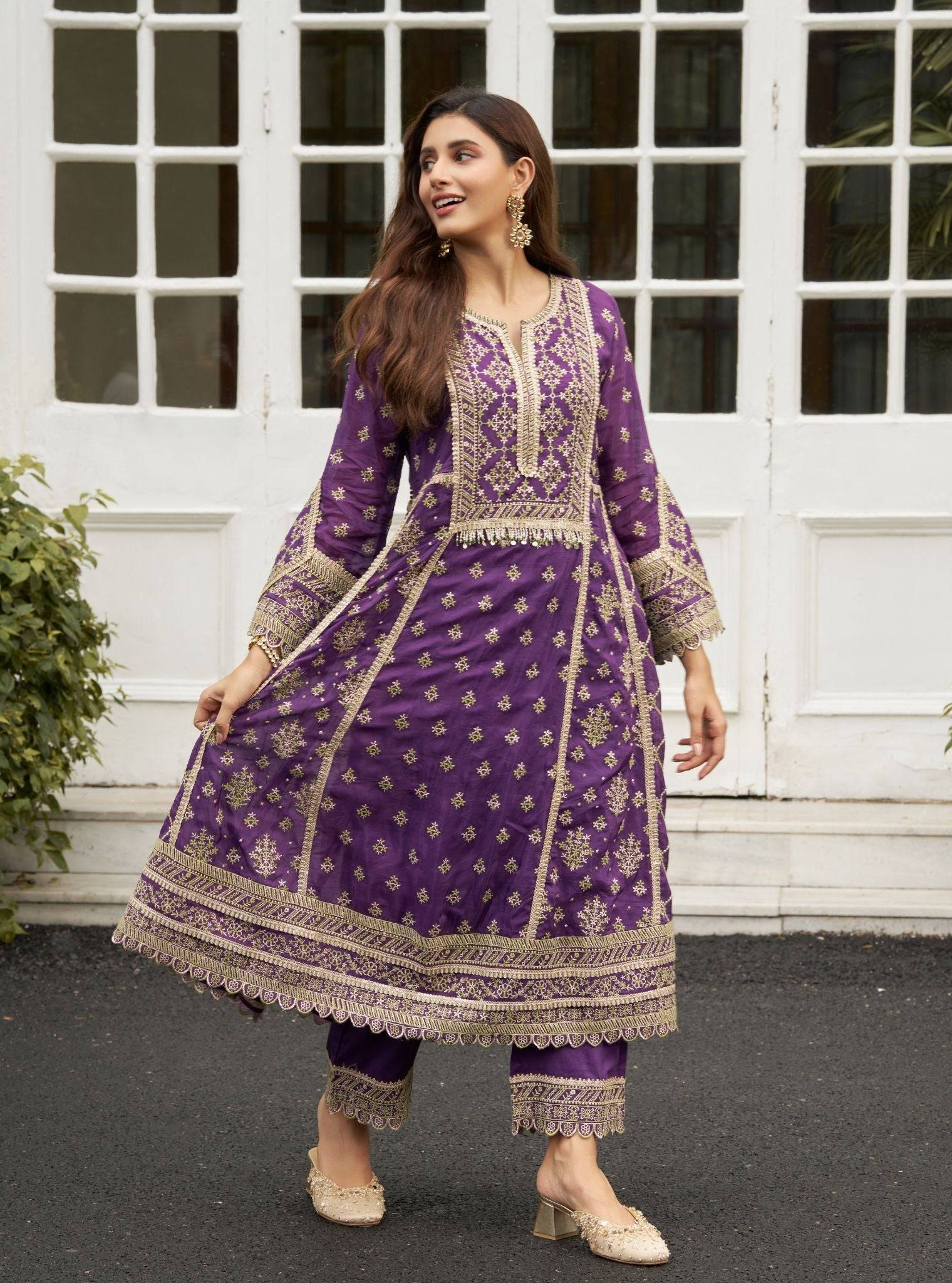 Sundari Viscose Glass Organza Luxe Purple Anarkali Kurta Set