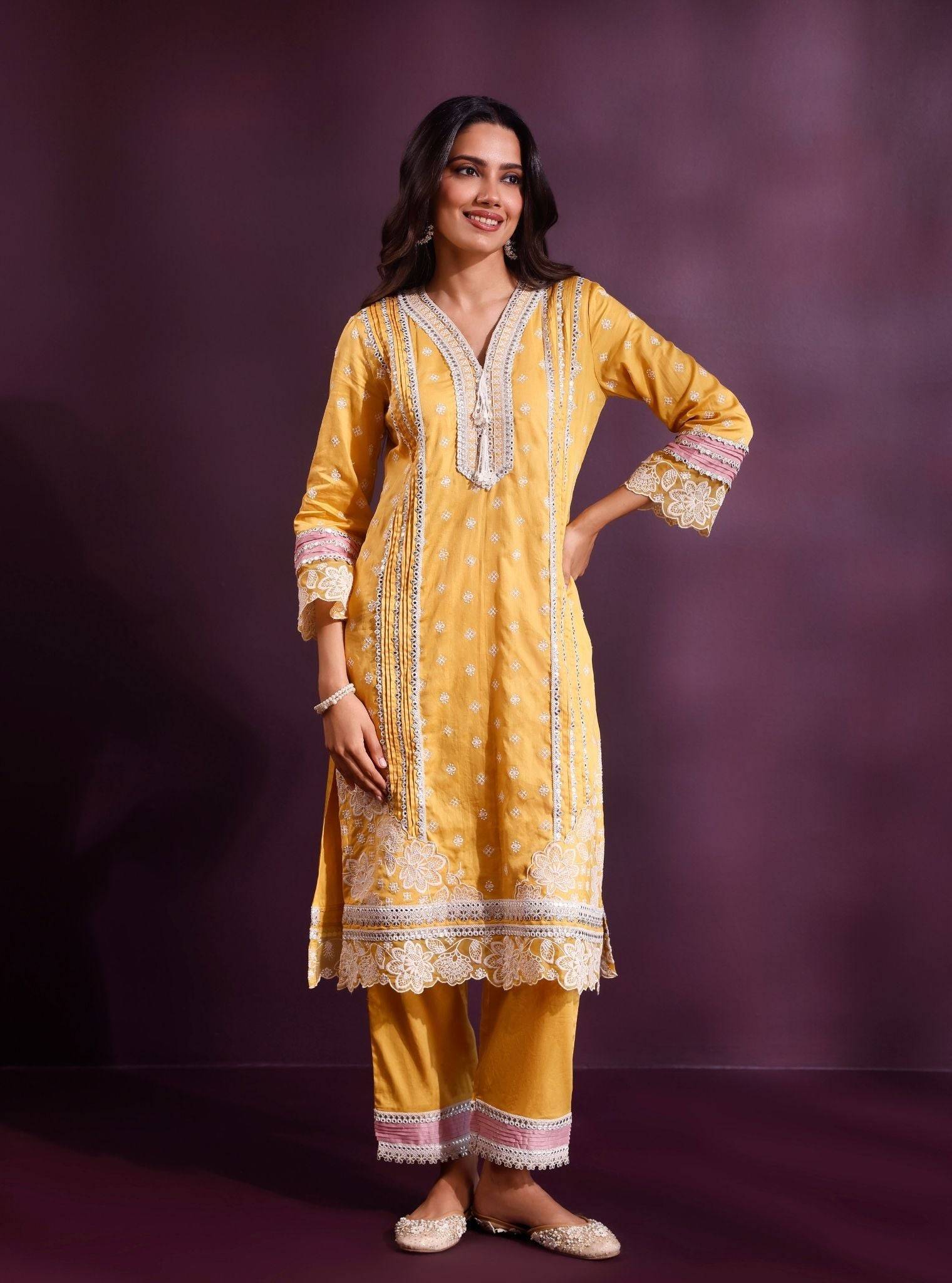 Pira Pima Satin Mustard Kurta Set