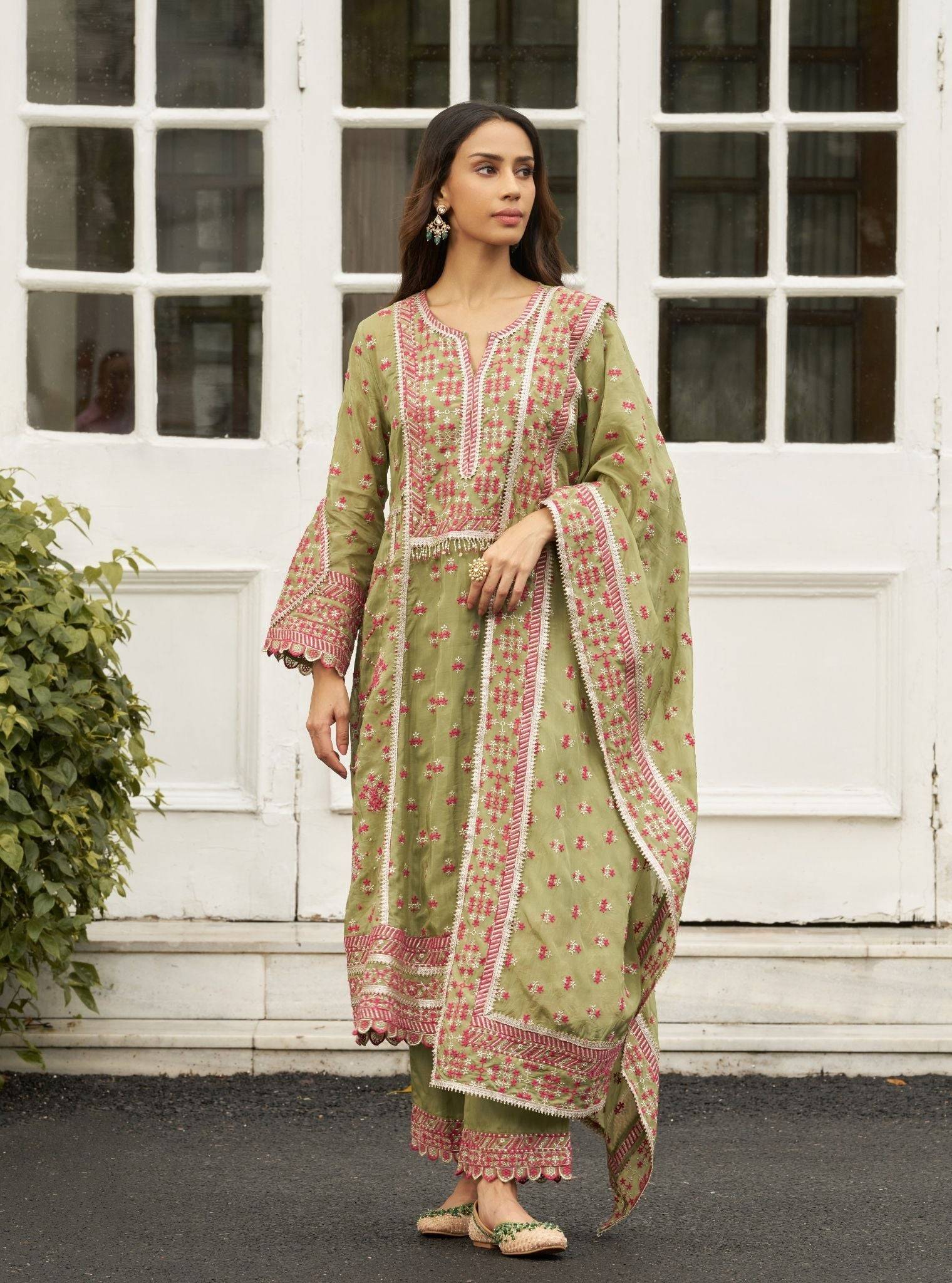 Sundari Viscose Glass Organza Luxe Pista Green Anarkali Kurta Set