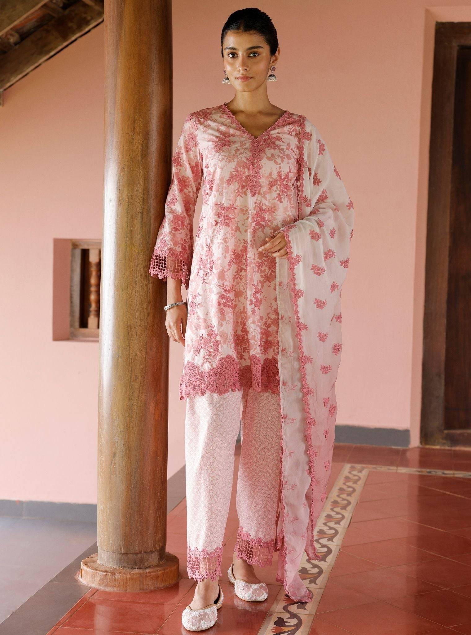 Yamya Supima Cotton Print Pink Kurta Set