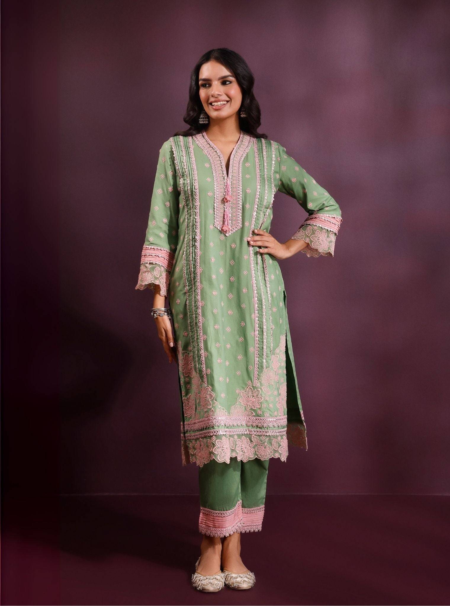 Pira Pima Satin Parrot Green Kurta Set