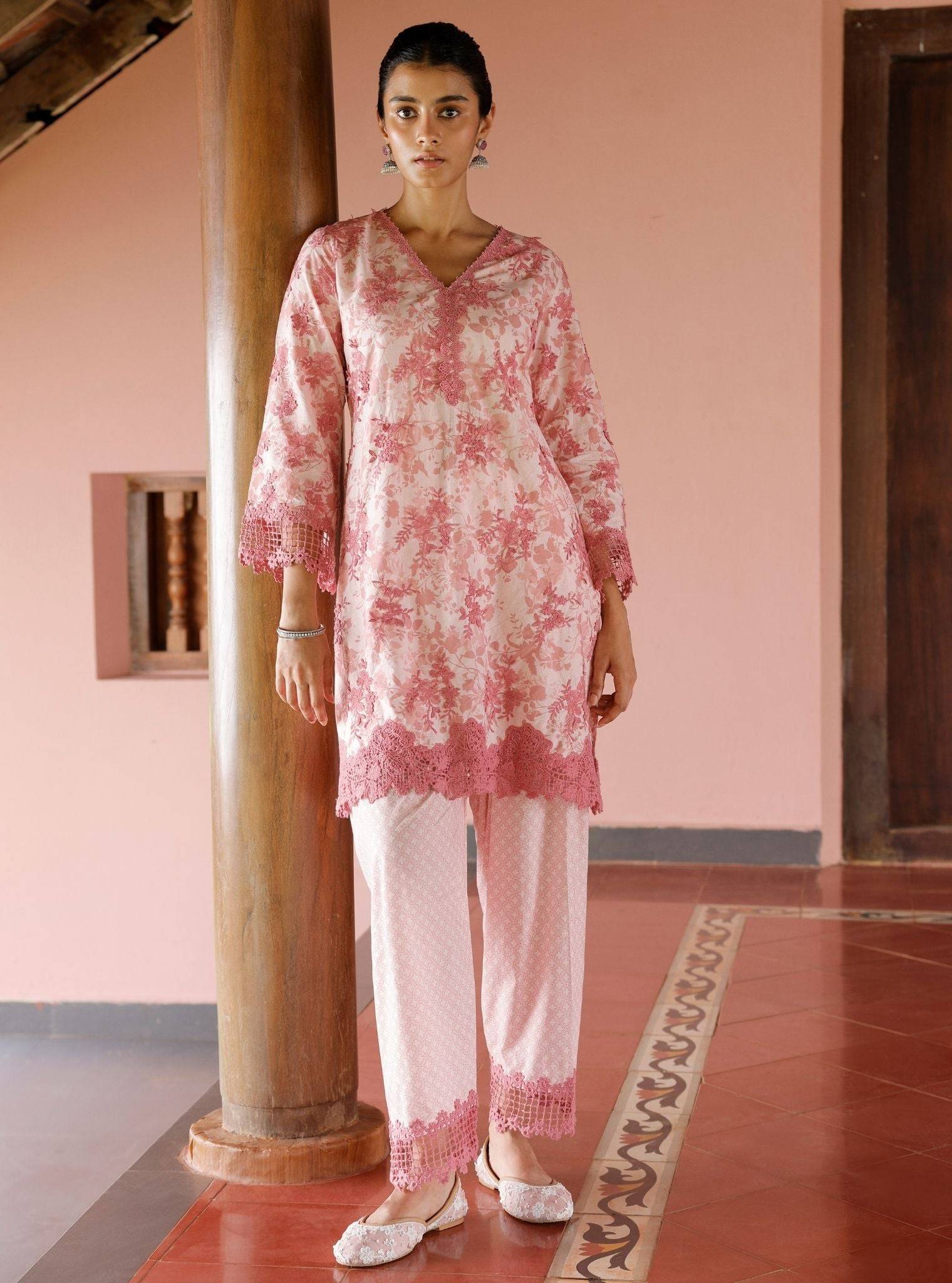 Yamya Supima Cotton Print Pink Kurta Set
