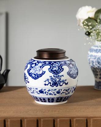 Floral Motifs Blue & White Ceramic Storage Jar