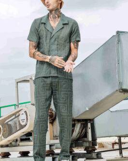 Olive Linen Blend Embroidered Notched Lapel Shirt and All Day Pants Co-ord Set