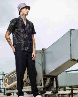 Black Linen Embroidered Notched Lapel Korean Shirt & All Day Pants Co-ord Set