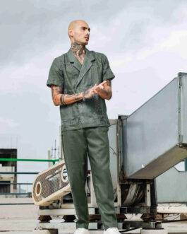 Olive Notched Lapel Linen Embroidered Shirt & Solid Linen All Day Pants Co-ord Set