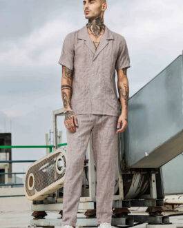 Beige Linen Notched Lapel Shirt & All Day Lounge Pants Embroidered Co-ord Set
