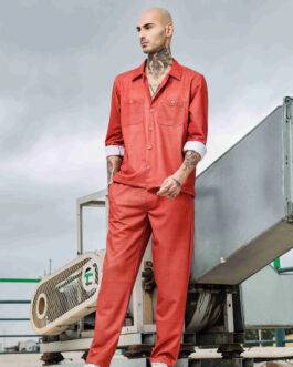 Rust Oversized Textured Fabric Shacket Shirt & All Day Pants Co-ord Set