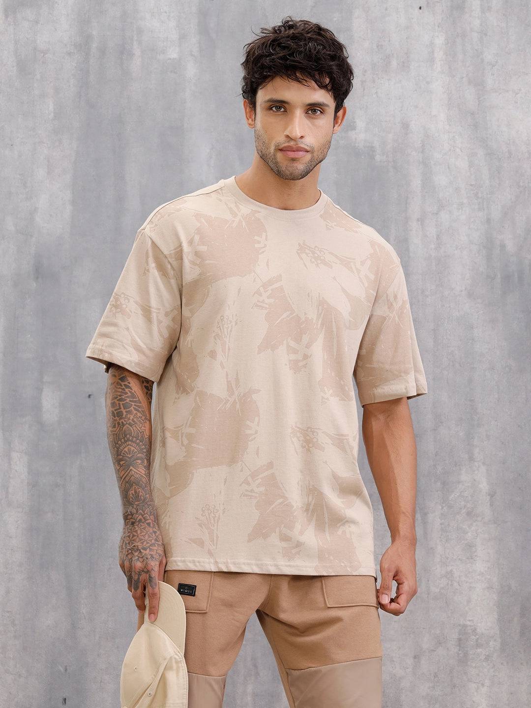 Tonal Aop Printed Oversized Fit T-shirt  | Khaki
