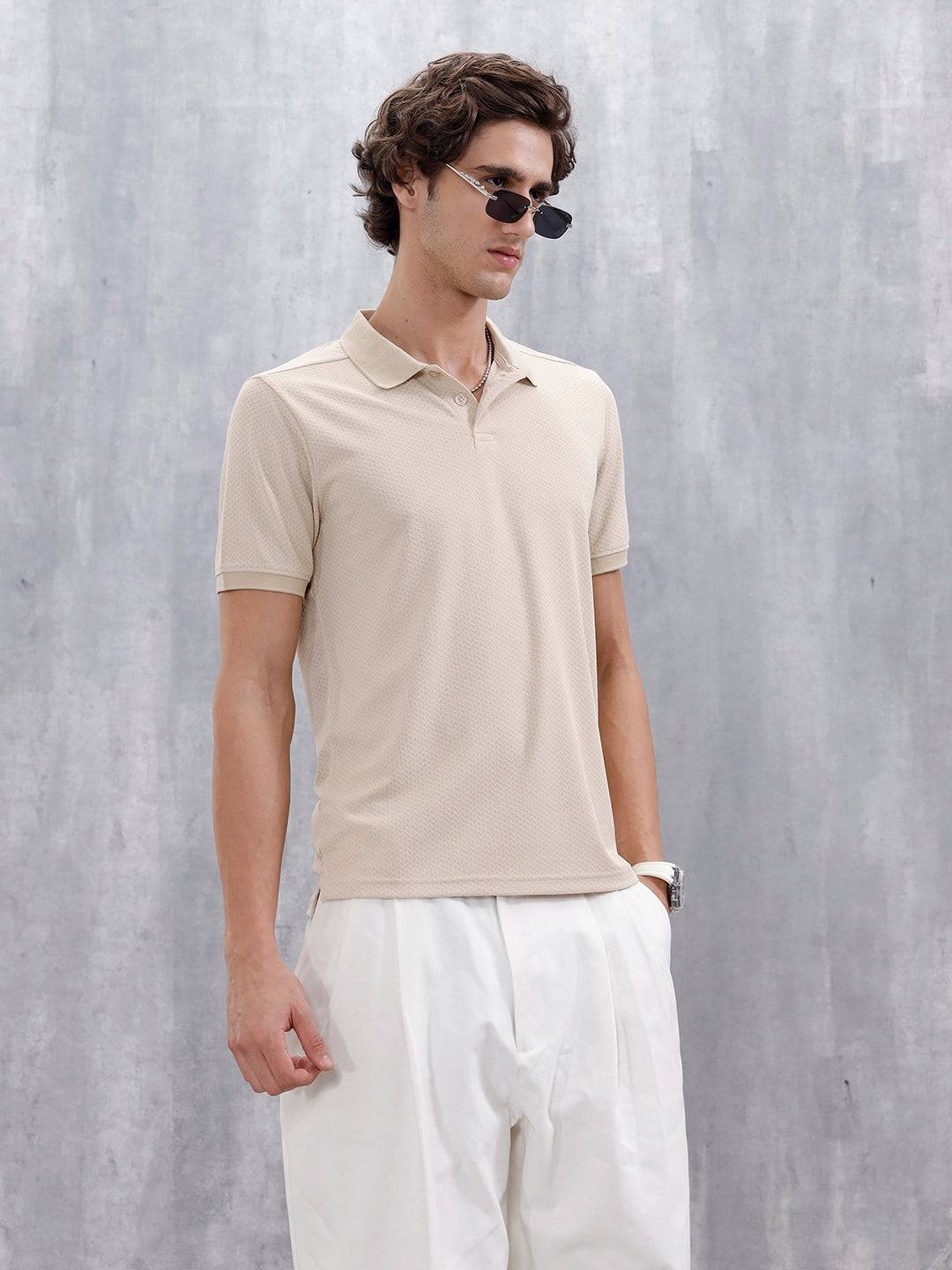 Men's Slim Fit Textured Polo | Beige